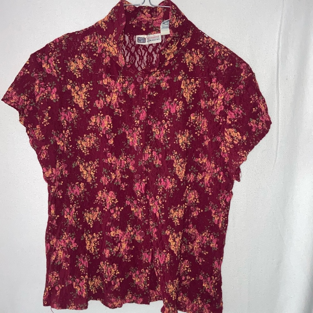 Faded Glory Maroon and Yellow Floral Blouse